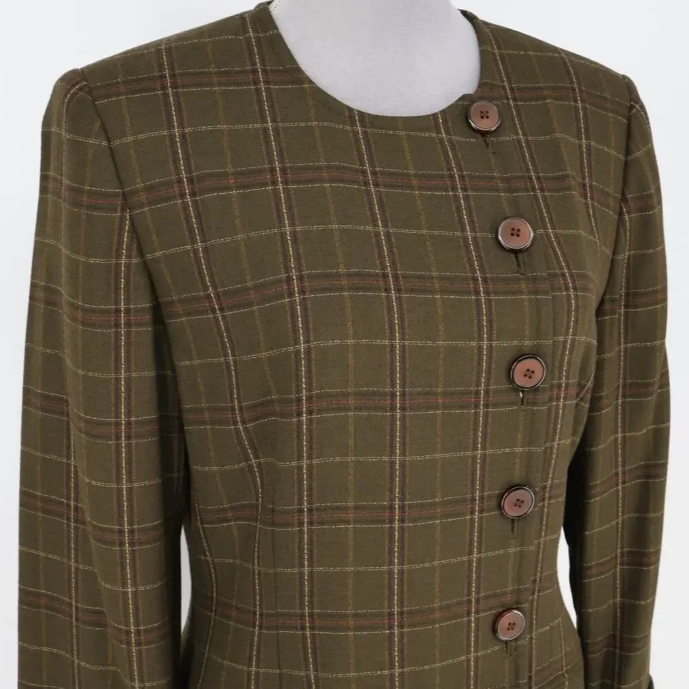 Kasper ASL Jacket Dress Petites 10P Green Plaid Tweed Pockets Lined Career Vtg - Picture 6 of 16